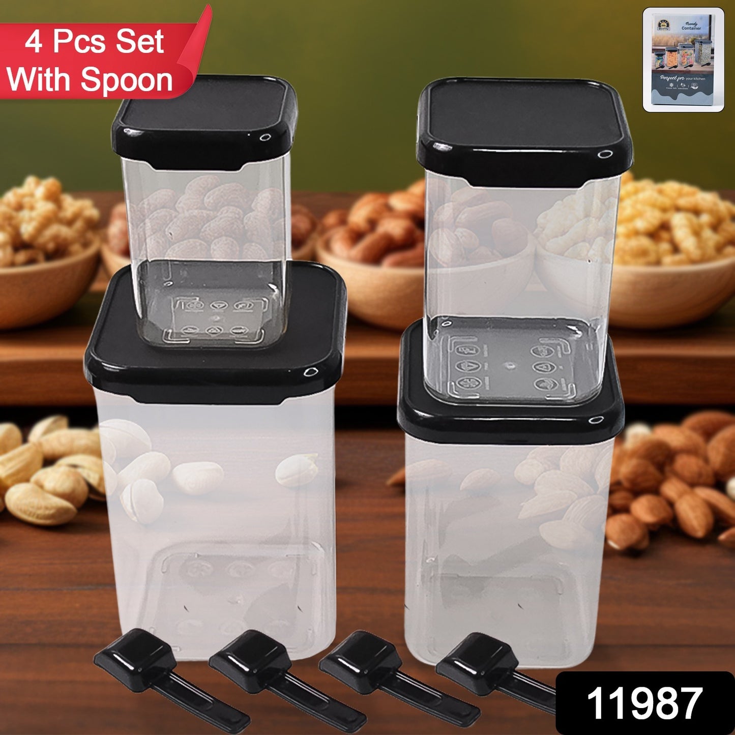 Plastic Air Tight Containers Storage (4 Pc Set With 4 Spoon)