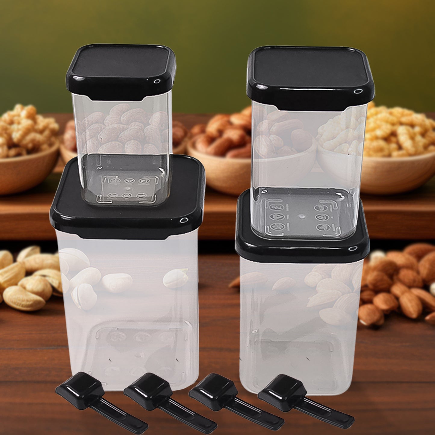 Plastic Air Tight Containers Storage (4 Pc Set With 4 Spoon)
